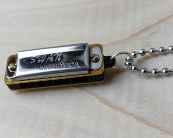 Miniature Harmonica Necklace, Music, Musical Instrument, Plays, 8 Notes, Pendant, Charm, Harmonica Pendant, Swan, Silver