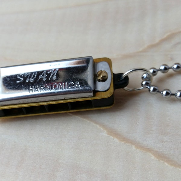 Miniature Harmonica Necklace, Music, Musical Instrument, Plays, 8 Notes, Pendant, Charm, Harmonica Pendant, Swan, Silver