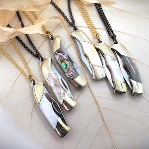 Pearl Knife Necklace, QUALITY CHAIN, Miniature  1 1/2 &quot; Working Pocket Knife Pendant, Camping Biking Outdoors Necklace Jewelry
