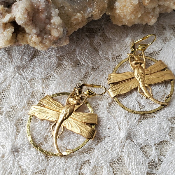 MARKED DOWN Round Golden Raw Brass Dragonfly Earrings, Sun Icarus Lead Nickel Free Brass Discount Bargain Sale Wholesale Closeout