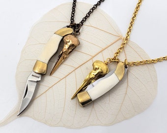 Knife Skull Necklace - Miniature  1 1/2 " Working Knife Pendant with Solid Brass Bird Skull  Jewelry