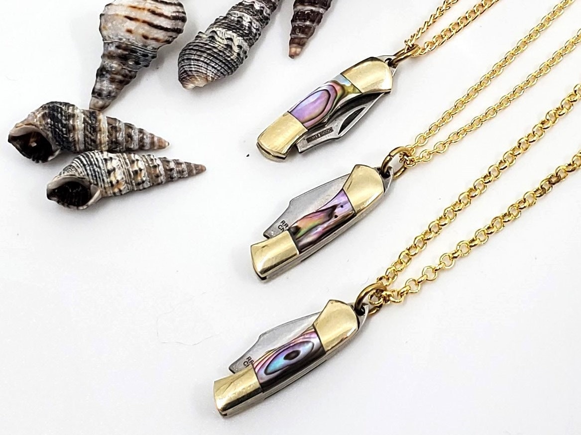 Tiny Working Pocket Knife Necklace: Abalone, Brass Chain, Mini Compass