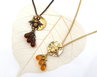 Honey Bee Necklace Drop Dangle Brass Bumble Bee Pendant BEE Jewelry, Glass Honey Drops