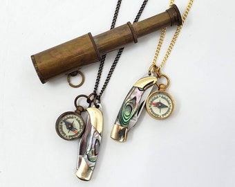 Knife Compass Necklace Miniature  1 1/2" Abalone Handle Knife Pendant Brass Compass Telescope Not Included