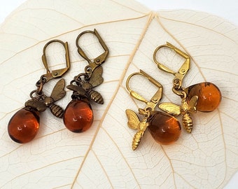Honey Bee Earrings Drop Dangle Brass Bumble BEE Jewelry, Glass Honey Drops