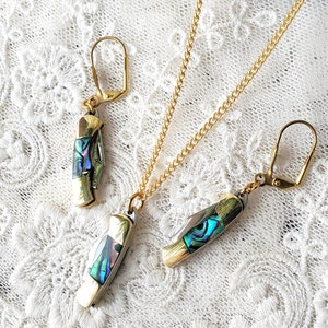PAUA Knife Earrings Necklace, Paua Abalone, with Solid Brass Wires, Tiny 1&quot; Miniature  Working Knife Charm, Quality Brass Chain.