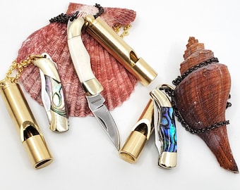 Whistle Knife Necklace, Loud Whistle Pendant, 1.5" Bone, Paua Abalone or Rainbow Abalone Handle Knife Long Chain