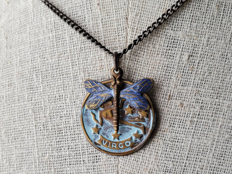 Sale Bargain Marked Down Dragonfly Hand Painted VIRGO Charm Necklace Quality Brass Chain Made in the USA Closeout Discount Wholesale