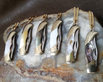 Miniature Knife Necklace 1 1/2 " Pocket Knife, Pendant Unique Necklace, Abalone Pearl High Quality Solid Brass Soldered Link Chain