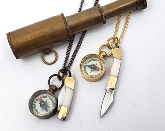 Knife Compass Necklace -MINI  1" Bone Handle Knife Pendant with Miniature Brass Compass Jewelry Telescope Not Included