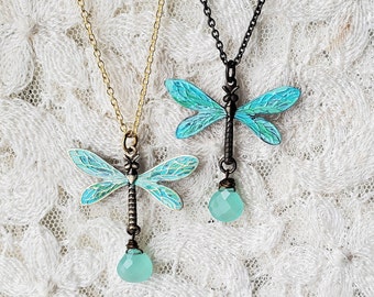 Chalcedony Dragonfly Necklace, Verdigris Brass Aqua Chalcedony Earrings, Dragonfly Pendant, Original Design SET