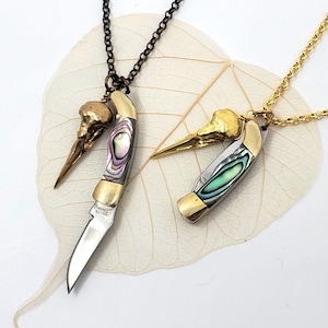 Knife Skull Necklace - Miniature  1 1/2 &quot; Abalone Handle Knife Pendant with Solid Brass Bird Skull Jewelry