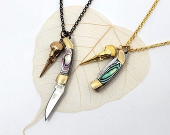 Knife Skull Necklace - Miniature  1 1/2 " Abalone Handle Knife Pendant with Solid Brass Bird Skull Jewelry