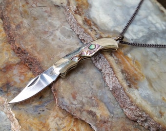 Miniature Knife Necklace 1 1/2 " Working Pocket Knife Pendant, Gorgeous Abalone Outdoors, Biking, Camping Solid Brass Chain