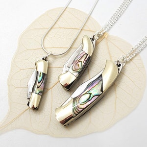 Collar con mini cuchillo, colgante, cadena italiana de plata de ley (.925), cuchillo de abulón en miniatura, abeja o ala de plata, regalo para él o para ella