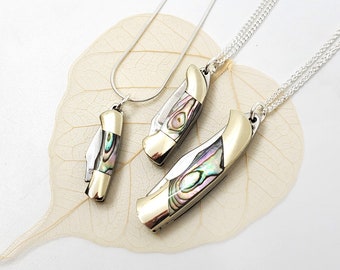 Mini Knife Necklace, Pendant, Sterling Silver (.925) Italian Chain, Miniature Abalone Knife, Add on a Silver Bee or Wing, Gift for Him Her