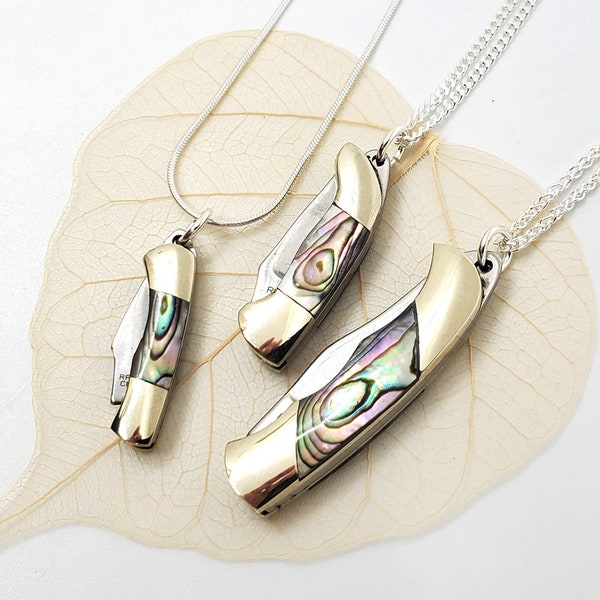 Mini Knife Necklace, Pendant, Sterling Silver (.925) Italian Chain, Miniature Abalone Knife, Add on a Silver Bee or Wing, Gift for Him Her