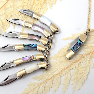 Knife Necklace, Tiny 1&quot; Working Miniature Pocket Knife Pendant, Abalone, Mother of Pearl, or Bone Handles
