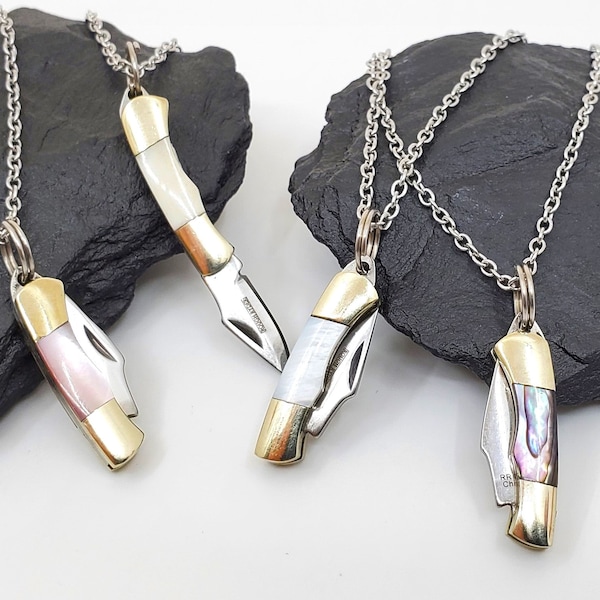 Knife Necklace, 1" CLOSED Miniature Knife Jewelry, Stainless Steel Chain, Small Knife Pendant, Abalone, White & Pink Mother of Pearl, Bone