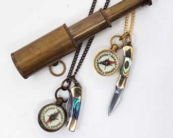 Knife Compass Necklace - Mini  1" Abalone Handle Knife Pendant Miniature Brass Compass Telescope Not Included