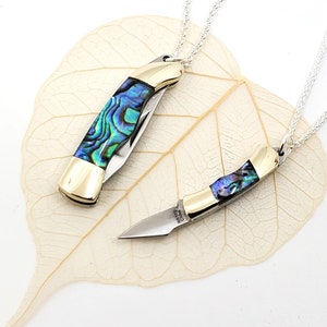 PAUA Knife Necklace Sterling Silver (.925) Chain  1&quot; or 1.5&quot; Miniature Paua Abalone Pendant, Mini Knife Jewelry Wing or Honey Bee Charm