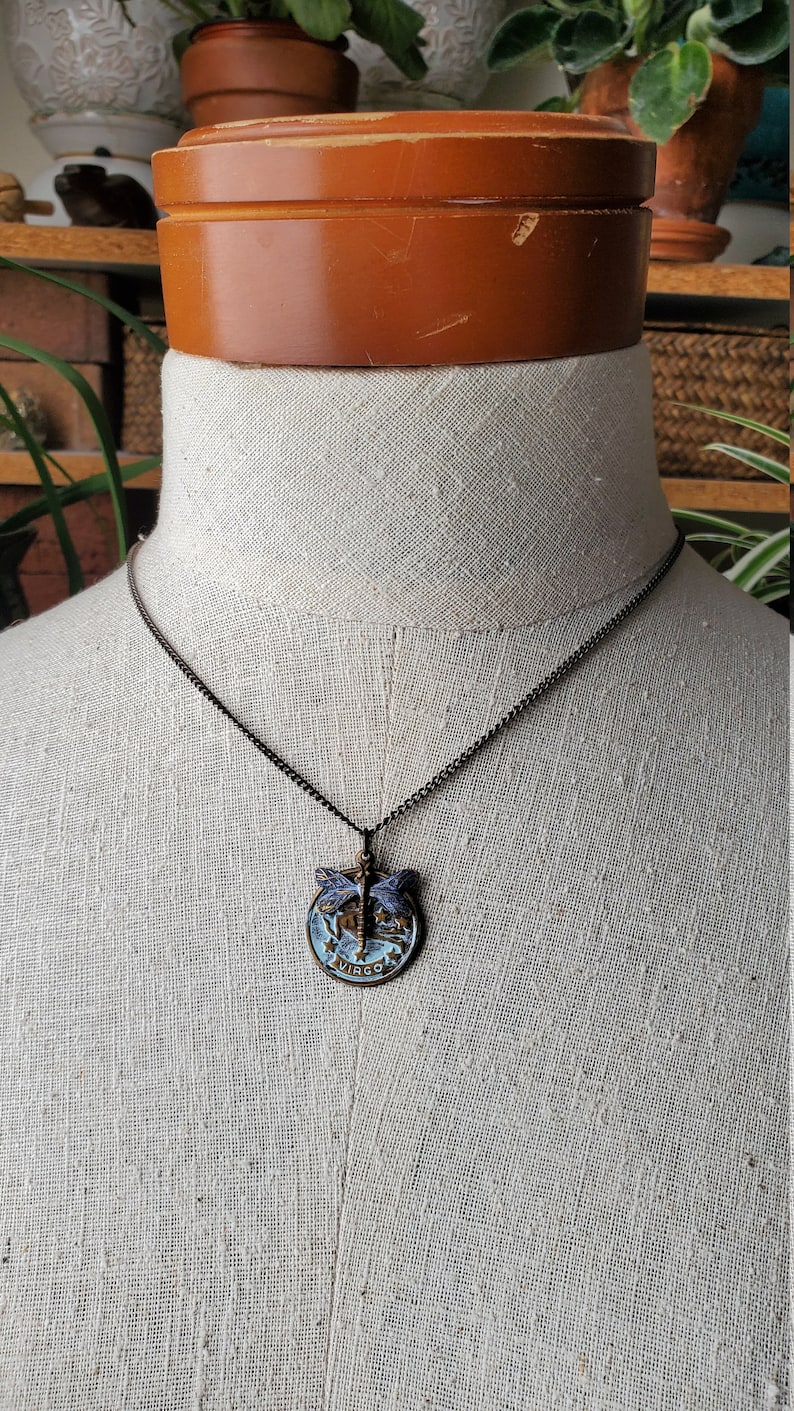 Sale Bargain Marked Down Dragonfly Hand Painted VIRGO Charm Necklace Quality Brass Chain Made in the USA Closeout Discount Wholesale