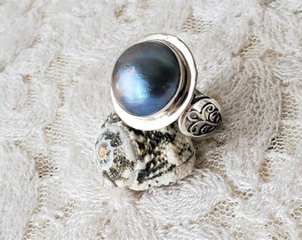 Bali Ring w/ Mabe Pearl Solid Sterling Silver (.925) SIZES 9,10,  Stunning Large Indonesian Blue Grey Pearl