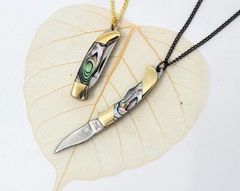 Mini Knife Necklace - Miniature  1 1/2" Abalone Handle Knife Pendant Quality Brass Chain Jewelry