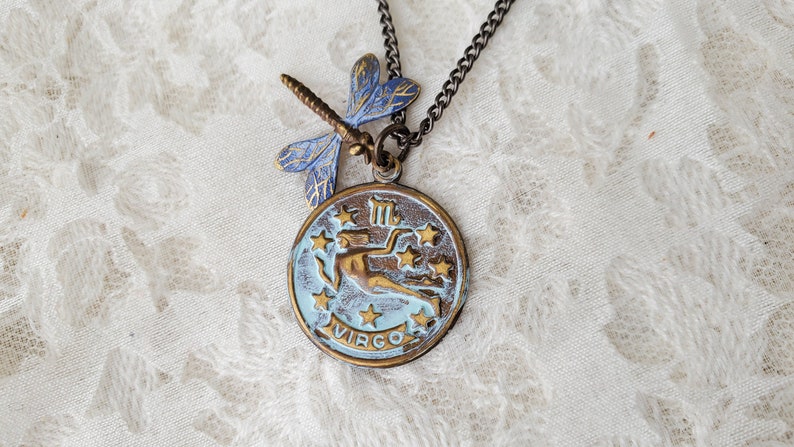 Sale Bargain Marked Down Dragonfly Hand Painted VIRGO Charm Necklace Quality Brass Chain Made in the USA Closeout Discount Wholesale
