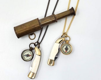 Knife Compass Necklace - Miniature  1 1/2 " Bone Handle, Pendant,  Miniature Brass Compass Telescope Not Included