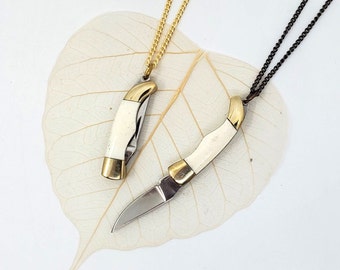 Knife Necklace - Miniature  1 1/2 " Working Knife Pendant Quality Solid Brass Chain Jewelry