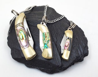 Knife Necklace with Stainless Steel Chain, Miniature Abalone Pendant, 3 Sizes Tiny, Mini Folding Pocket Knife Jewelry