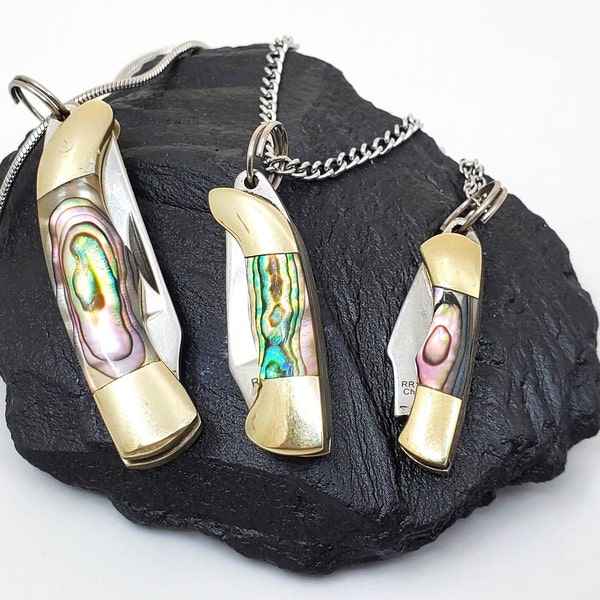 Knife Necklace with Stainless Steel Chain, Miniature Abalone Pendant, 3 Sizes Tiny, Mini Folding Pocket Knife Jewelry