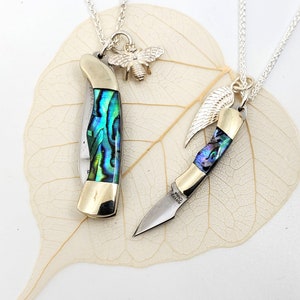 Knife Necklace Sterling Silver (.925)  1&quot; & 1.5&quot; Miniature Paua Abalone Pendant, Mini Knife Jewelry Silver Chain Tiny Knife Charm Honey Bee