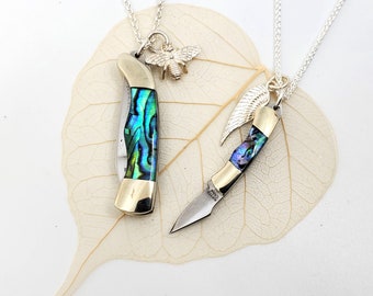 Knife Necklace Sterling Silver (.925)  1" & 1.5" Miniature Paua Abalone Pendant, Mini Knife Jewelry Silver Chain Tiny Knife Charm Honey Bee