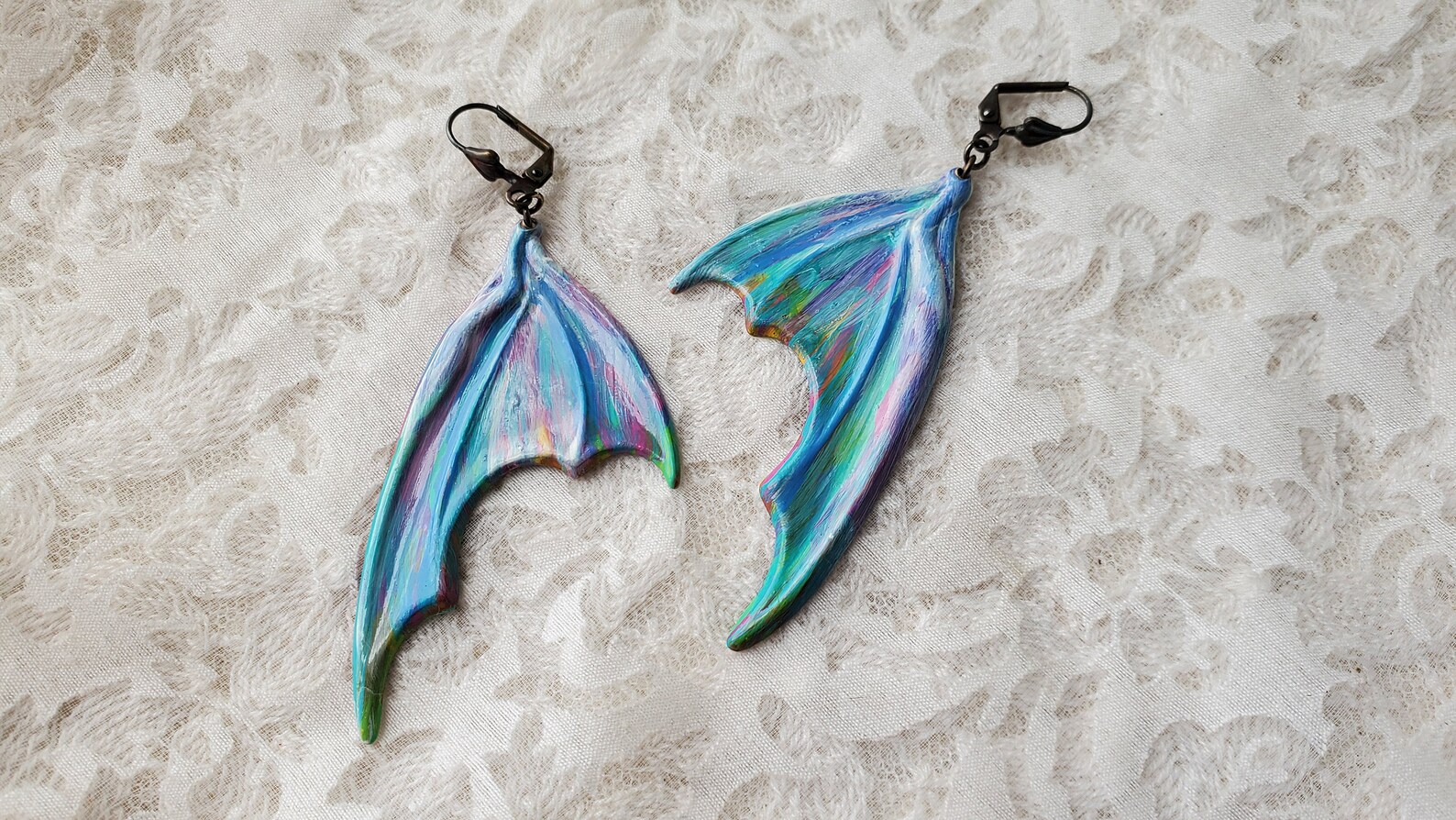 Dragon Wing Earrings Large Hand Painted Solid Brass Etsy