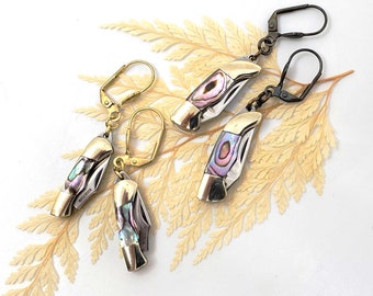 Miniature Pocket Knife Earrings: Abalone & Brass, Steampunk Jewelry