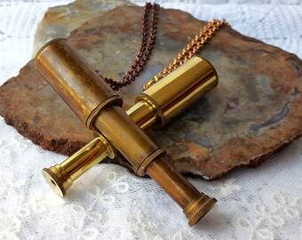 Telescope Necklace: Miniature Brass Spy Glass, Steampunk Compass Pendant