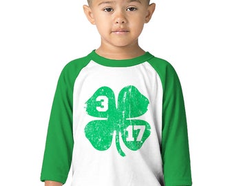 3 17 St Patrick Saint Patricks Day 4 Leaf Leprechaun Pot O'Gold Irish Ireland Pride Cute Infant Toddler 3/4 Raglan T-Shirt KID-0167