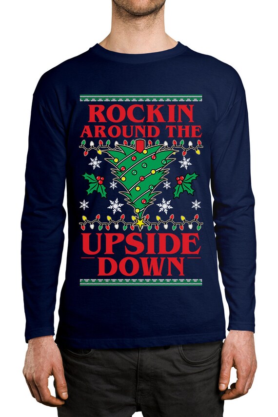 Rockin Around the Upside Down Xmas Lights Tree Christmas Mistletoe Ugly  Sweater Stranger Eleven Holidays Men's Long Sleeve Shirt OSF-0068 -   Canada