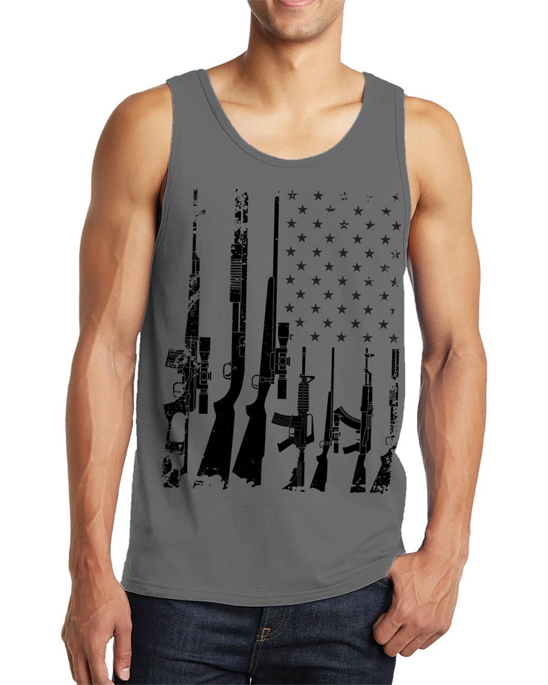 Distressed American USA Gun Flag Patriotic Bullet Rifle 2nd Amendment AK-47 Scope Shotgun Gun Rights Men's Tank Top OSF-0020