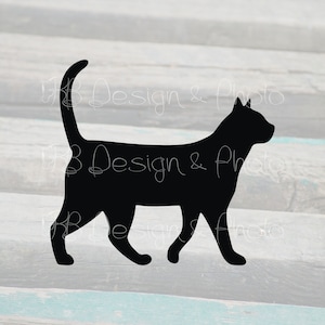 May include: Silhouette of a black cat walking to the right. The cat is in profile view with its tail curved over its back.