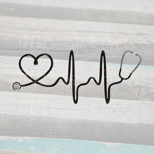 May include: Black and white illustration of a stethoscope forming a heart shape with a heartbeat line behind it.