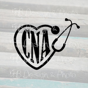 Puede incluir: Silueta en blanco y negro de un corazón con las letras CNA en su interior y un estetoscopio envuelto a su alrededor.