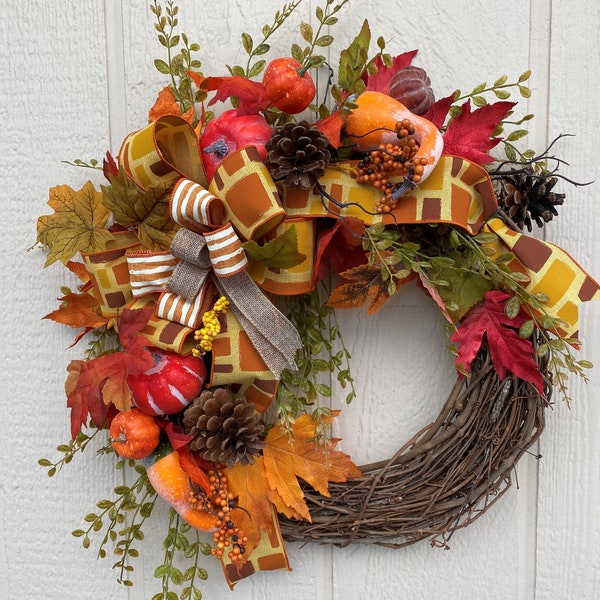 Fall Wreath, Grapevine Wreath, Pumpkin and Gourd Wreath, Crescent Grapevine, Front door wreath