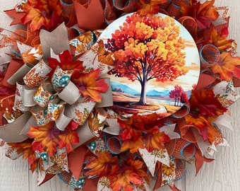 Fall Wreath, Fall Leaves Wreath, Fall Colors Wreath, Fall Tree Wreath, Front Door Decor, Orange Teal Wreath, Indoor Decor, Housewarming gift