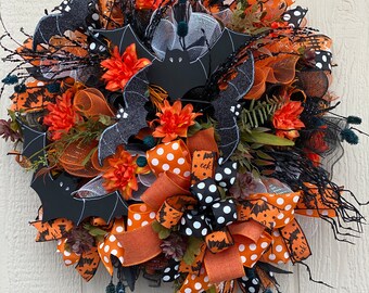 Halloween Wreath, Halloween Bats Wreath, Black Orange Wreath, Let's Get Batty, Front Door Decor, Indoor Wreath, Fall Wreath,