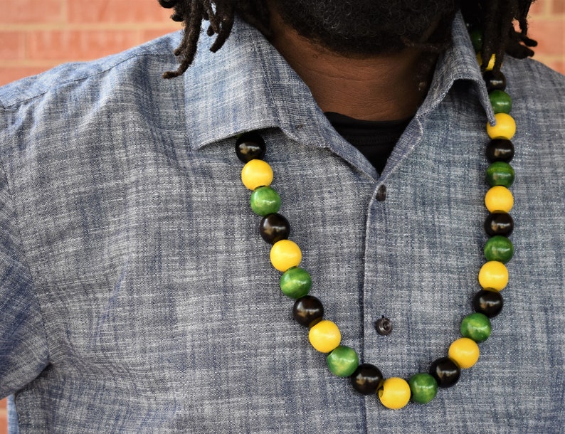Jamaican Heritage 20 Mm Long Round Wood Bead Necklace African Rasta Hip Hop Casual Party And Traditional Wear Men Women Green Yellow