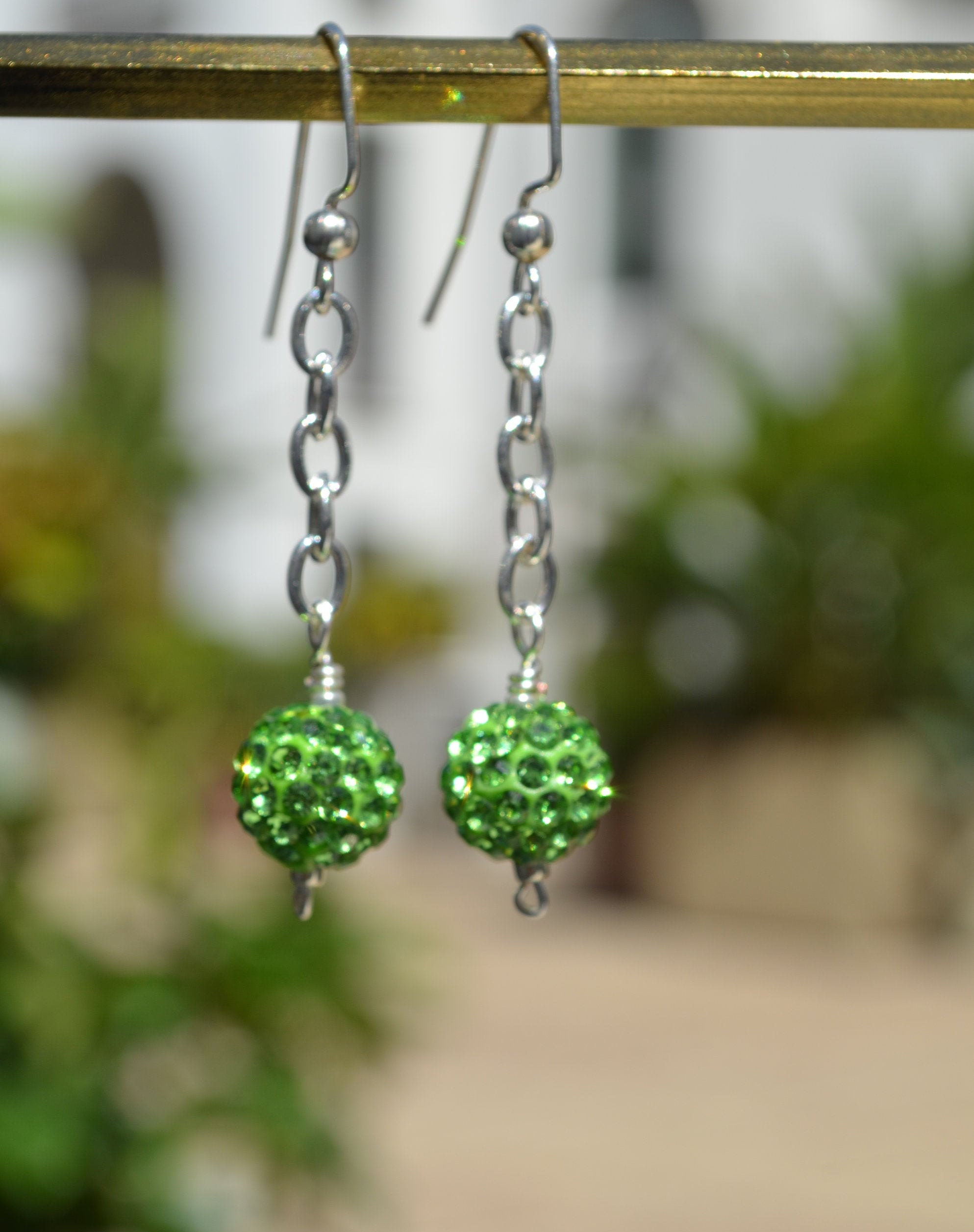 Green ball dangle earrings handmade Etsy