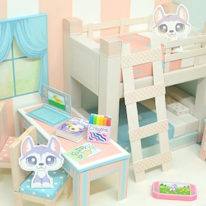 Kit de artesanía de casa de muñecas de papel DIY imprimible, descarga digital, dormitorio de cachorro Husky, miniatura, accesorios de muebles de papel, casa de muñecas